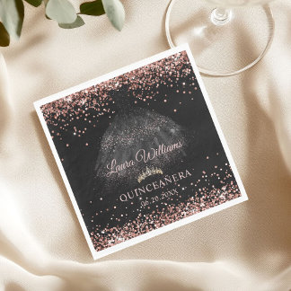 Servilleta De Papel Black & Rose Gold Glitter Princess Quinceañera 