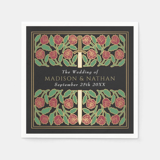 Servilleta De Papel Black Royal Medieval Gold Floral Sword Wedding (Anverso)