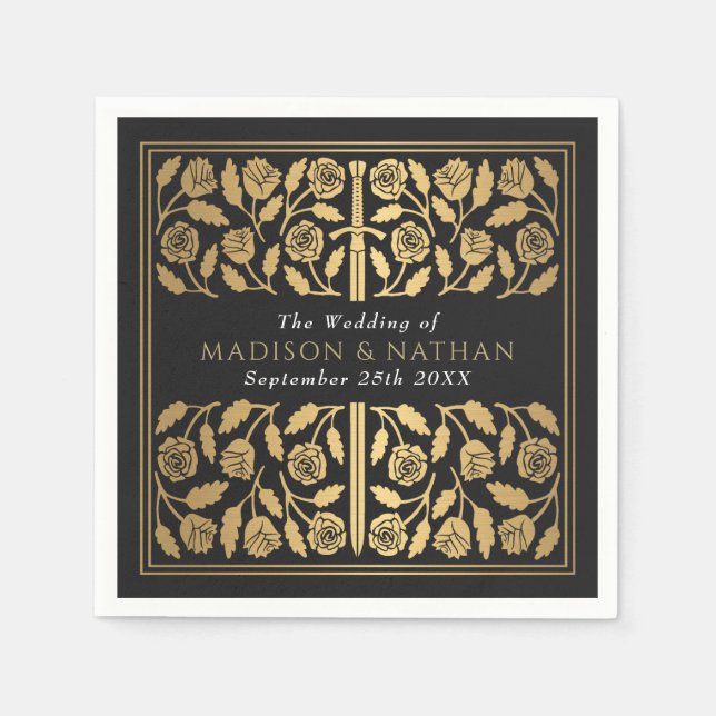 Servilleta De Papel Black Royal Medieval Gold Sword Wedding (Anverso)