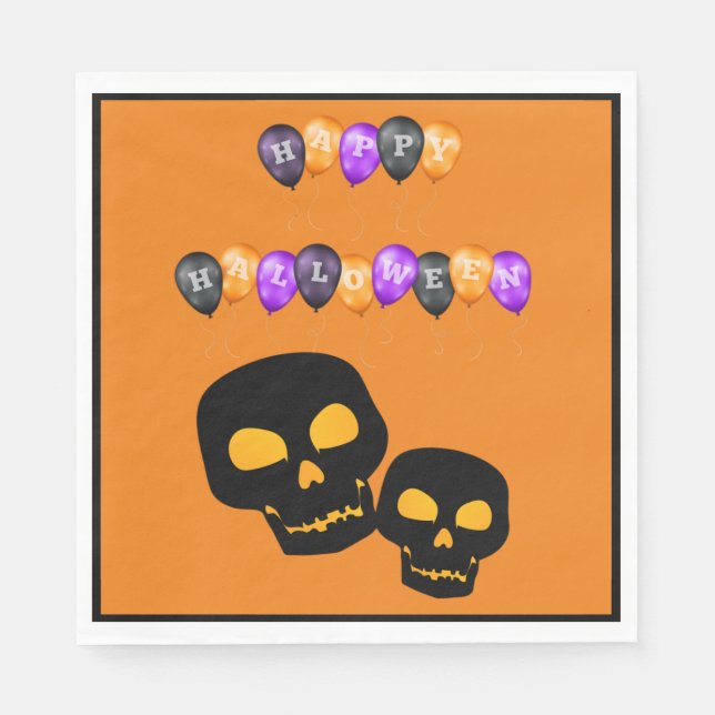 Servilleta De Papel Black Skulls Happy Halloween Balloons (Anverso)