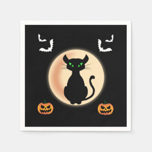 Servilleta De Papel Black Spooky cat ojos verdes con luna Halloween
