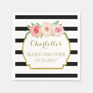 Servilleta De Papel Black Stripes Gold Pink Floral Baby Shower