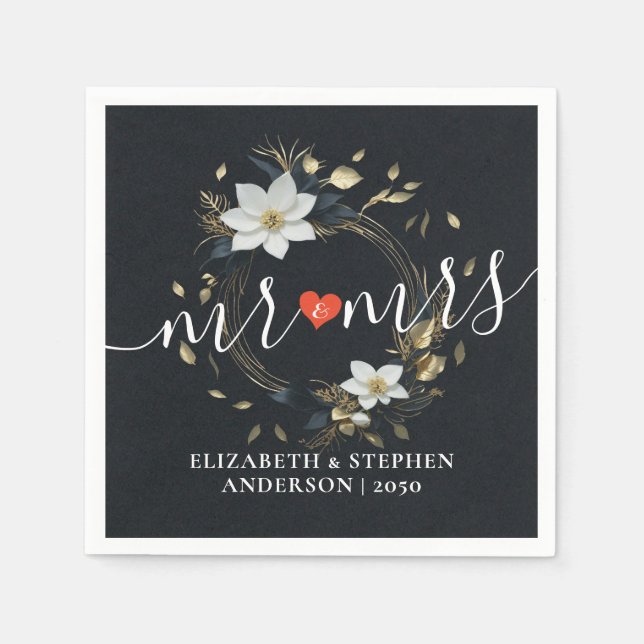 Servilleta De Papel Black White Gold Floral Wreath Boda Love (Anverso)