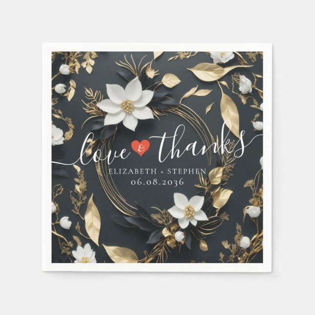 Servilleta De Papel Black White Gold Floral Wreath Boda Love (Anverso)