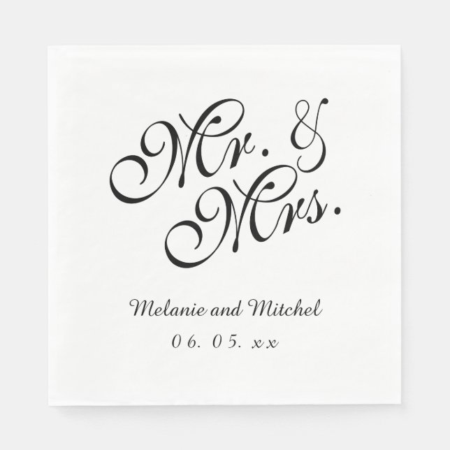Servilleta De Papel Black White Mr. y Mrs. | Napkins de papel boda (Anverso)