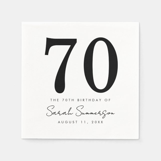 Servilleta De Papel Black White Name Date Seventy 70th Birthday Party (Anverso)