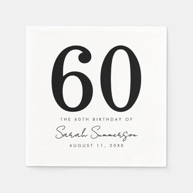 Servilleta De Papel Black White Name Date Sixty 60th Birthday Party (Anverso)