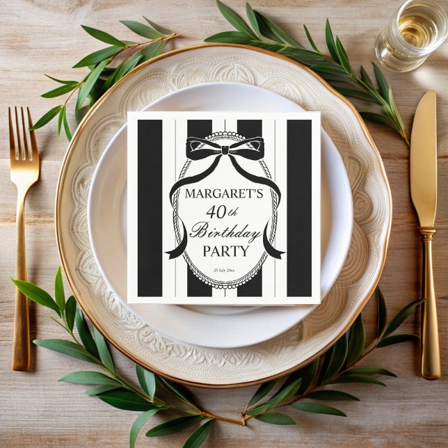 Servilleta De Papel Black white retro stripes bow birthday monogrammed (Black white retro stripes bow border adults birthday party elegant monogrammed printed napkins)