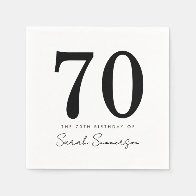 Servilleta De Papel Black White Typography Seventy Name 70th Birthday (Anverso)