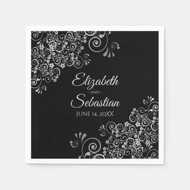 Servilleta De Papel Black with Silver Frills Elegant Wedding (Anverso)