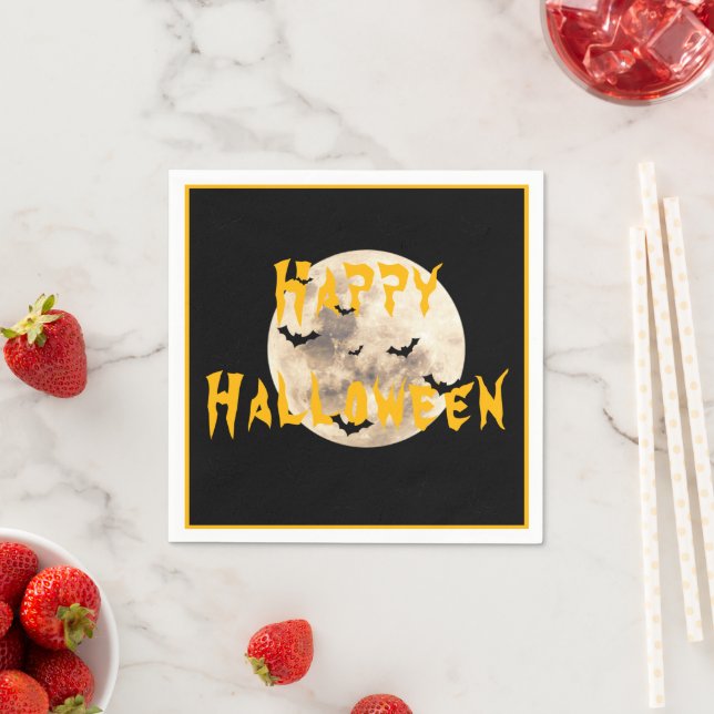 Servilleta De Papel Black Yellow Happy Halloween Moon Bats (In situ)