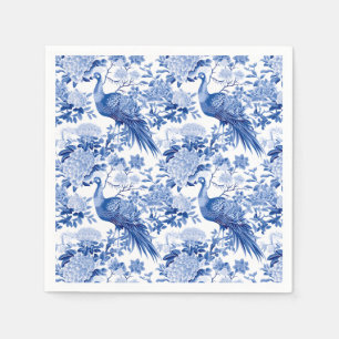 Servilleta De Papel Blanco Azul Chinoiserie Floral Pavos Reales