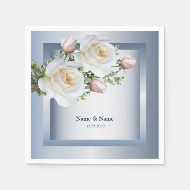 Servilleta De Papel Blanco Floral Elegante Azul Gris (Anverso)