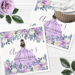 Servilleta De Papel Blanco Floral Púrpura Quinceañera