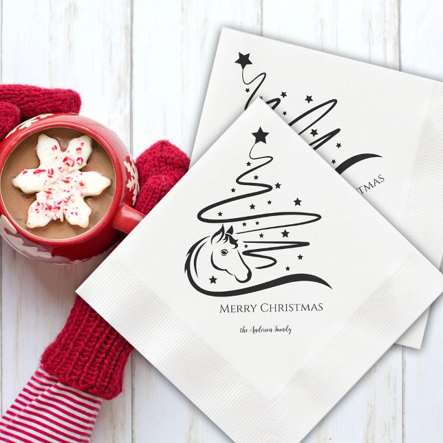 Servilleta De Papel Blanco negro árbol de Navidad de caballoEcuestre (Horse Christmas tree paper napkins with personalized text)