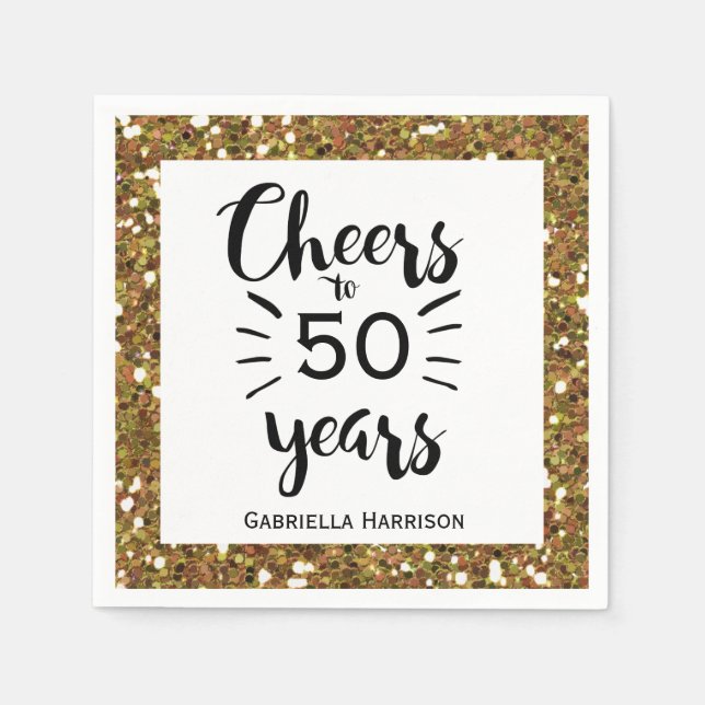 Servilleta De Papel Blanco Negro y Oro 50 cumpleaños (Anverso)