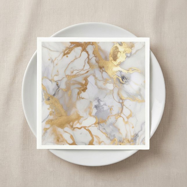 Servilleta De Papel Blanco y dorado efecto de mármol de lujo Nápoles (White and gold luxury marble effect Napkins.)