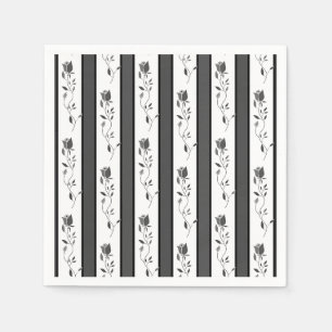 Servilleta De Papel Blanco y negro gris vintage rayado con rosas