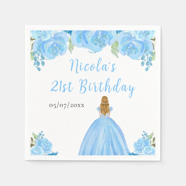 Servilleta De Papel Blonde Hair Princess Blue Floral Birthday Party (Anverso)