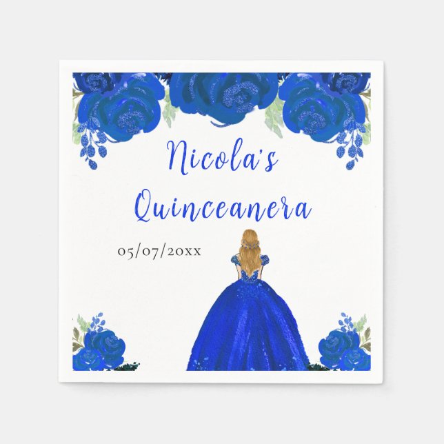 Servilleta De Papel Blonde Hair Princess Blue Floral Quinceanera (Anverso)