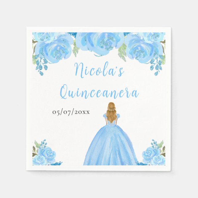 Servilleta De Papel Blonde Hair Princess Blue Floral Quinceanera (Anverso)