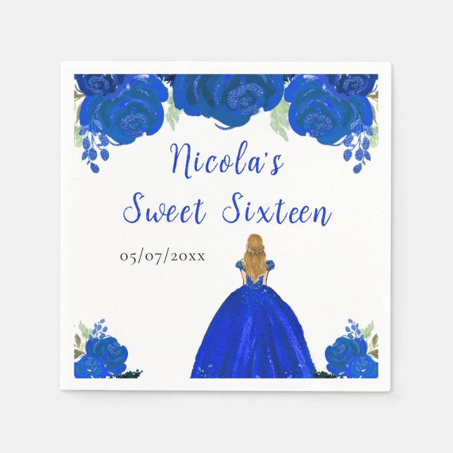 Servilleta De Papel Blonde Hair Princess Blue Floral Sweet 16 (Anverso)