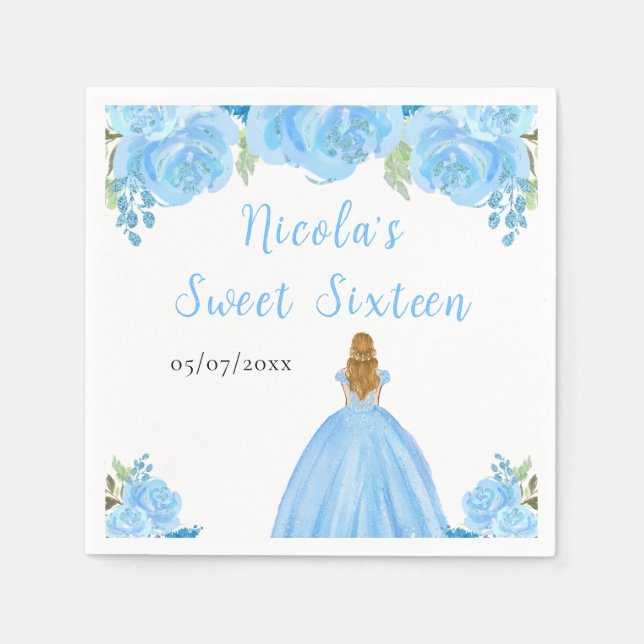 Servilleta De Papel Blonde Hair Princess Blue Floral Sweet Sixteen  (Anverso)
