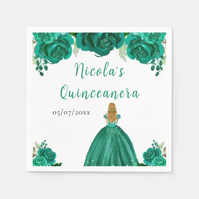 Servilleta De Papel Blonde Hair Princess Green Floral Quinceanera (Anverso)