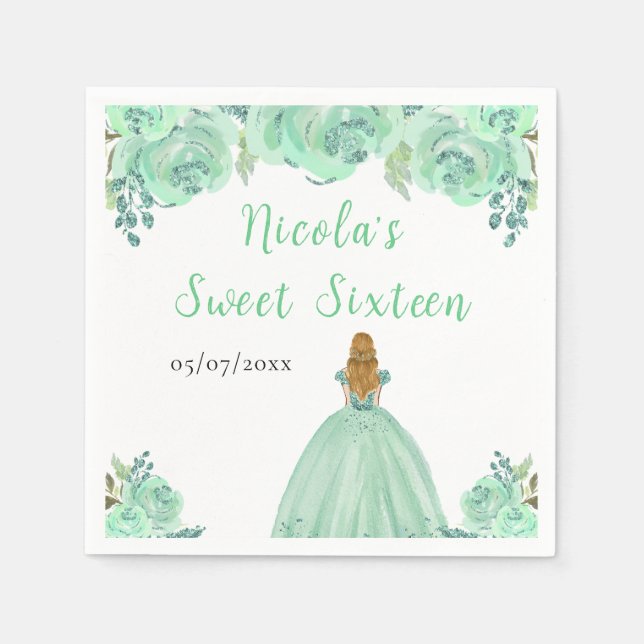 Servilleta De Papel Blonde Hair Princess Mint Floral Sweet Sixteen  (Anverso)