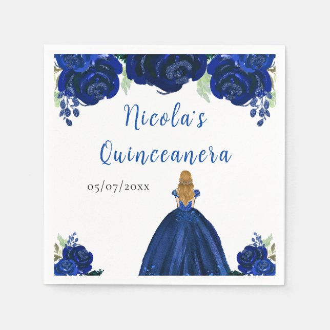 Servilleta De Papel Blonde Hair Princess Navy Floral Quinceanera (Anverso)