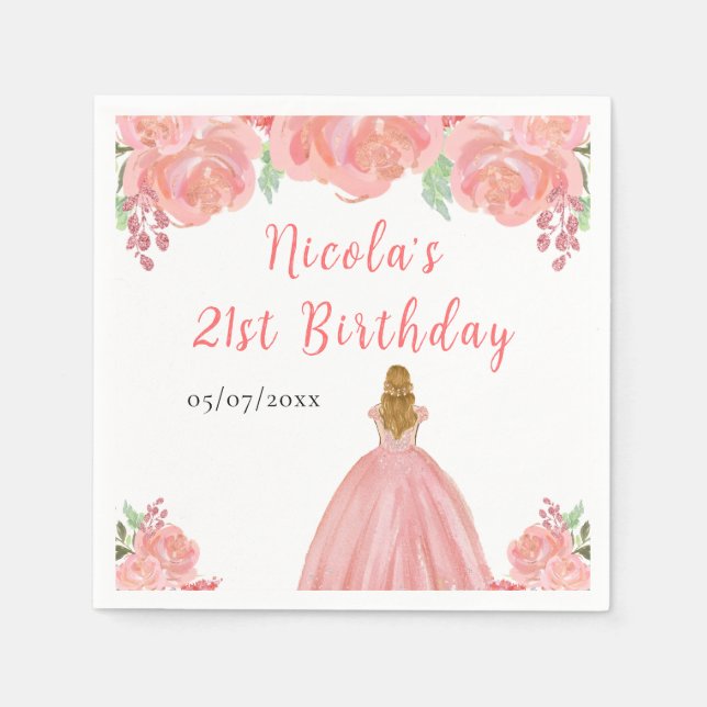 Servilleta De Papel Blonde Hair Princess Pink Floral Birthday Party (Anverso)