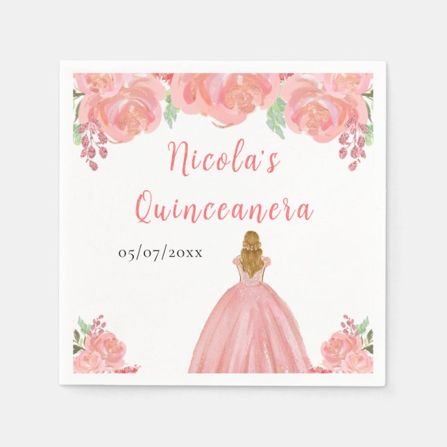 Servilleta De Papel Blonde Hair Princess Pink Floral Quinceanera (Anverso)