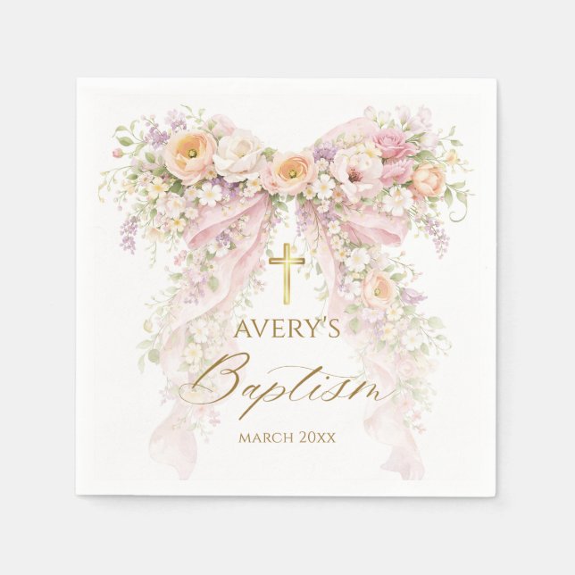 Servilleta De Papel Bloom Floral Bow Girl Baptism (Anverso)