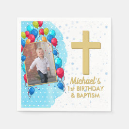 Servilleta De Papel Blue 1Cumpleaños Baptism Gold Text Photo Cross