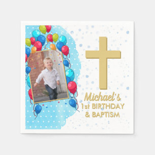 Servilleta De Papel Blue 1st Birday Baptism Gold Text Cross