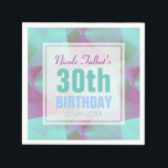 Servilleta De Papel Blue Abstract 30th Birthday Paper Napkins<br><div class="desc">Hermoso fondo abstracto (colores pastel: turquesa,  morado claro y rosa) con una etiqueta cuadrada blanca medio transparente (pequeño borde transparente) para nombre,  fecha y (30) cumpleaños en servilletas de papel. Todo es personalizable.</div>