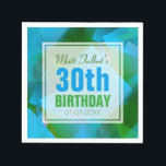 Servilleta De Papel Blue Abstract Cubist 30th Birthday Paper Napkins<br><div class="desc">Hermoso fondo abstracto (cuadrados transparentes de color agua,  turquesa y verde) con una etiqueta cuadrada blanca medio transparente (pequeño borde transparente) para nombre,  fecha y cumpleaños. Todo es personalizable para estas servilletas de papel de 30 años. Libro de invitados de cumpleaños coincidente (cuaderno de espiral).</div>