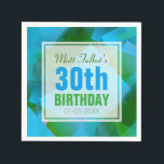 Servilleta De Papel Blue Abstract Cubist 30th Birthday Paper Napkins<br><div class="desc">Hermoso fondo abstracto (cuadrados transparentes de color agua,  turquesa y verde) con una etiqueta cuadrada blanca medio transparente (pequeño borde transparente) para nombre,  fecha y cumpleaños. Todo es personalizable para estas servilletas de papel de 30 años. Libro de invitados de cumpleaños coincidente (cuaderno de espiral).</div>