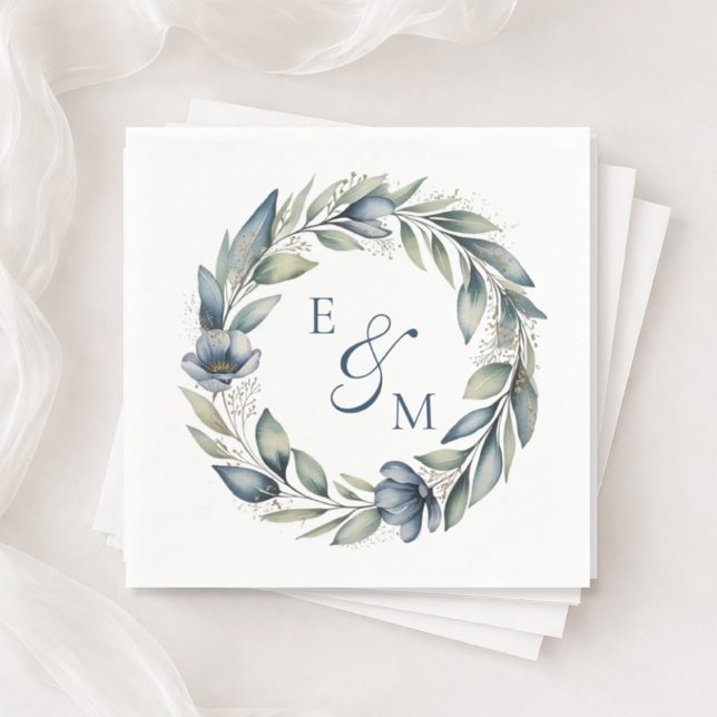 Servilleta De Papel Blue and Sage Floral Wreath Wedding Napkin (Subido por el creador)