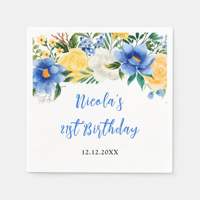 Servilleta De Papel Blue and Yellow Floral Birthday (Anverso)