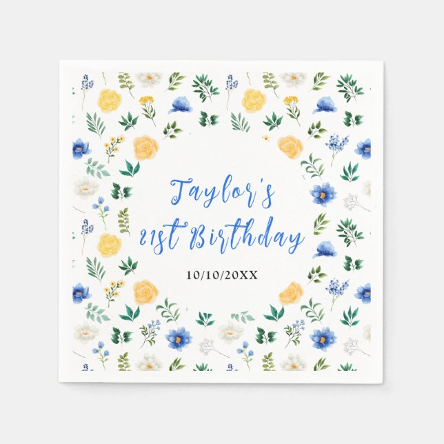 Servilleta De Papel Blue and Yellow Floral Birthday (Anverso)