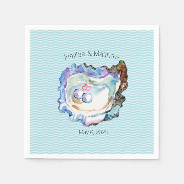Servilleta De Papel Blue Artsy Oyster 2 Pearls Hearts Paper Napkin (Anverso)