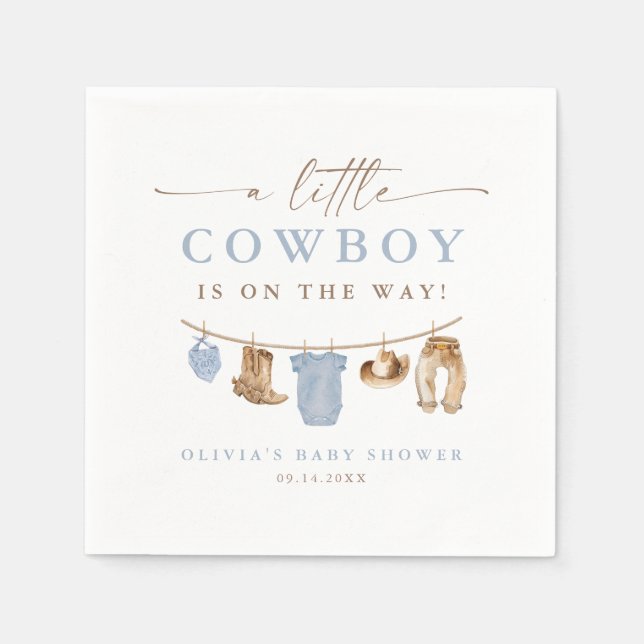Servilleta De Papel Blue Baby Clothesline Little Cowboy Baby Shower (Anverso)