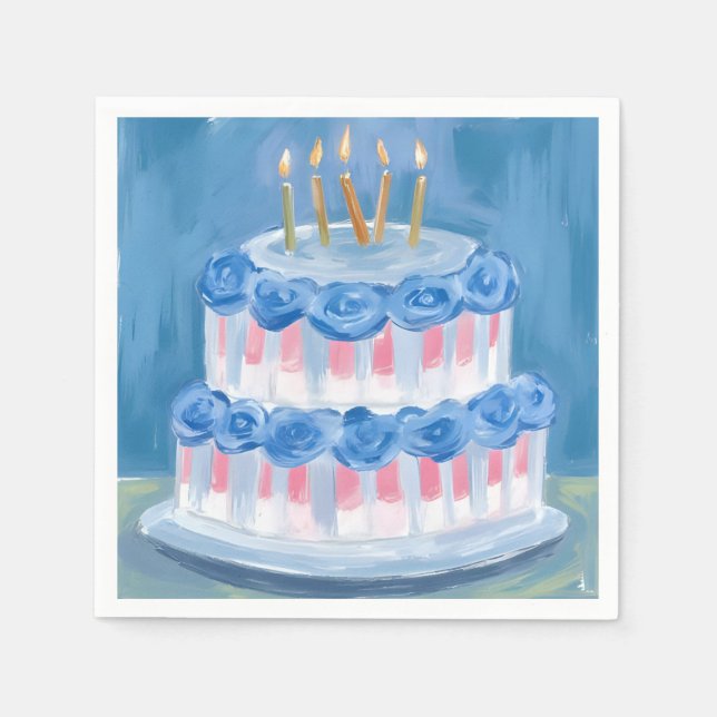 Servilleta De Papel Blue Birthday Cake Watercolor Celebration Party (Anverso)