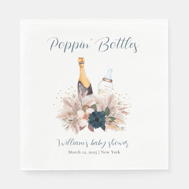 Servilleta De Papel Blue Boho Poppin Champagne Botellas Baby Shower (Anverso)