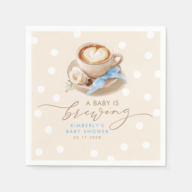 Servilleta De Papel Blue Bow Coffee Baby Is Brewing Boy Baby Shower (Anverso)