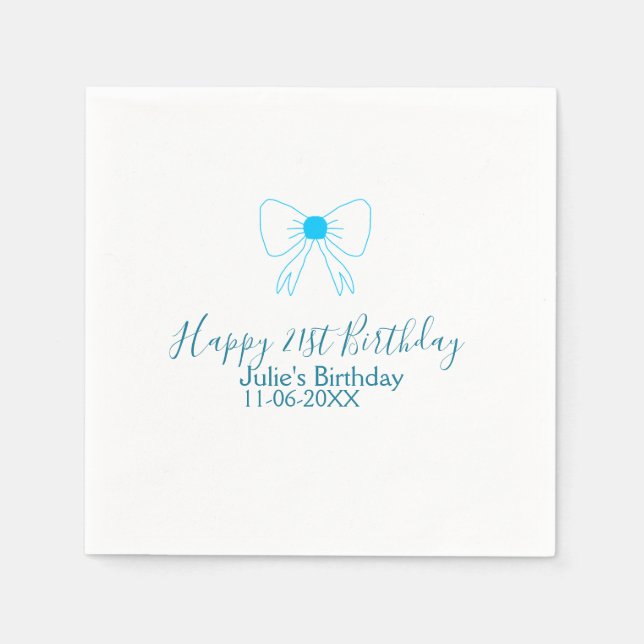Servilleta De Papel Blue bow happy 21ᵉʳ cumpleaños date (Anverso)
