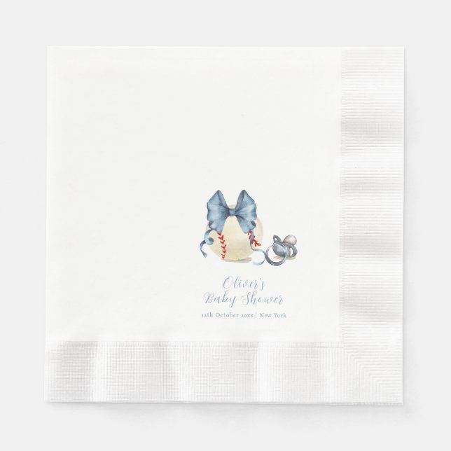 Servilleta De Papel Blue Bow Pacifier Baseball Sport Baby Shower  (Anverso)