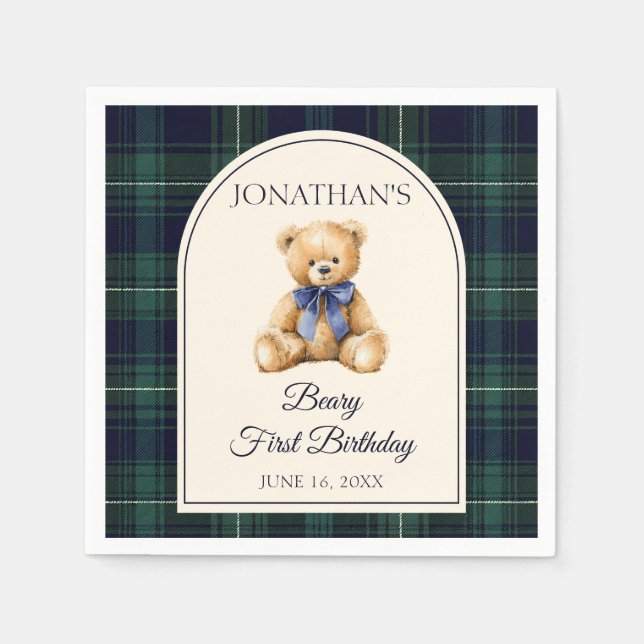 Servilleta De Papel Blue Bow Preppy Teddy Bear 1st Birthday (Anverso)