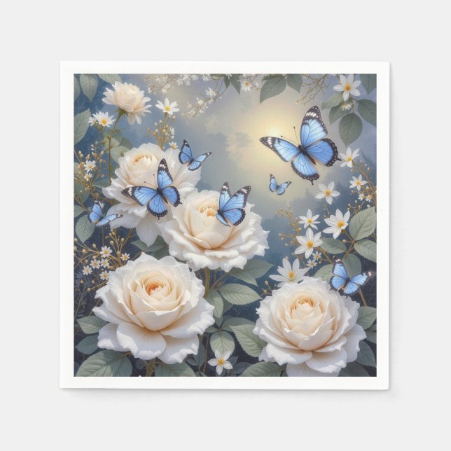 Servilleta De Papel Blue Butterflies On White Roses and Daisies (Anverso)